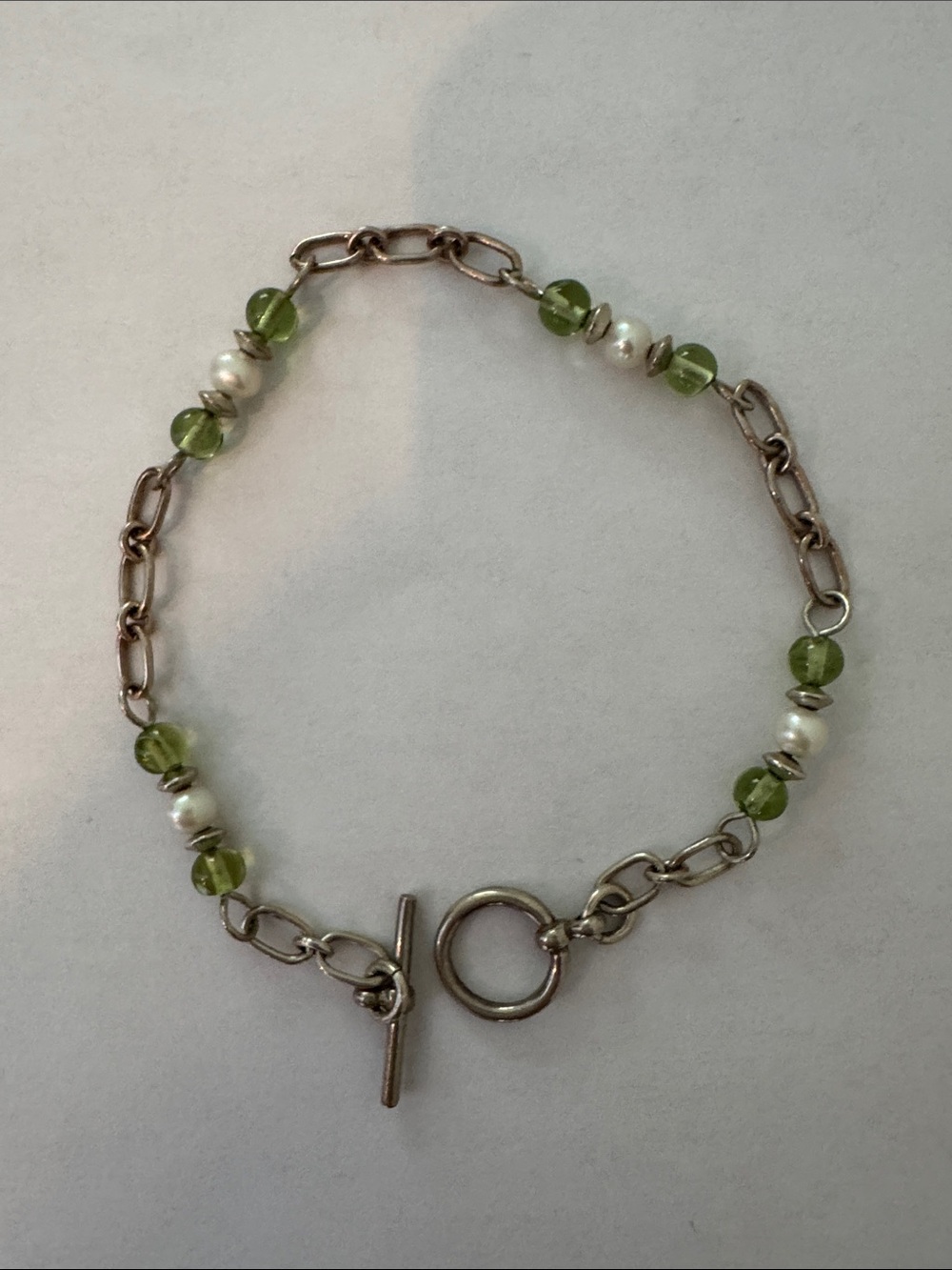 Coastal Pearl & Green Glass Sterling Silver Toggle Bracelet 7.5"